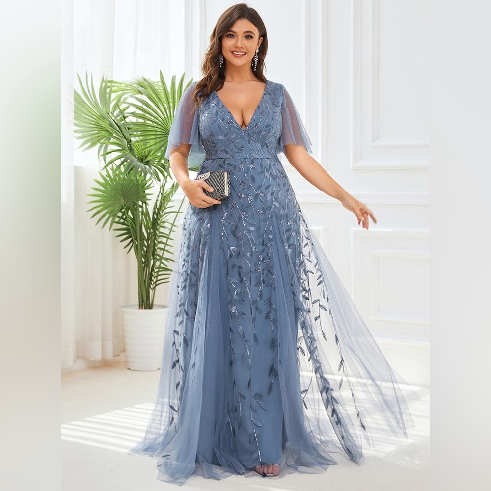 Shimmery V Neck Maxi Evening Dress by Ever Pretty - size 20. Dusty Blue color.